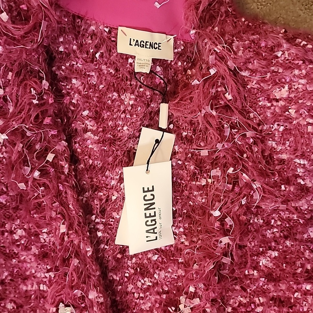 L'AGENCE | Textured Fringe Bouclé Blazer Jacket  | Pink  | XXL - Picture 2 of 6